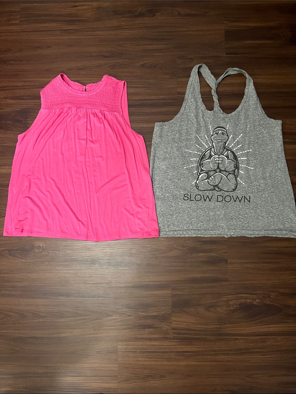 Pink smocked tank & grey slow down turtle tank